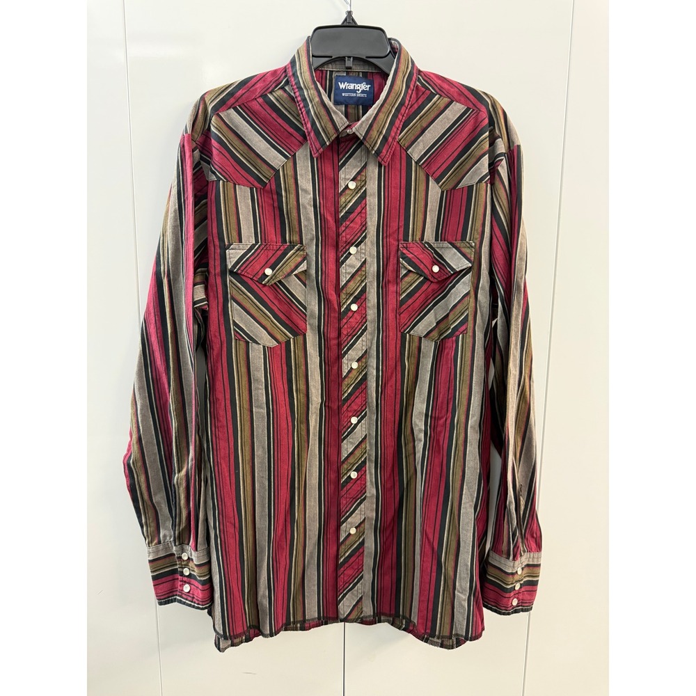 Wrangler Western Shirt Mens XLT Tall Pearl Snap Long Sleeve Striped Red Tan